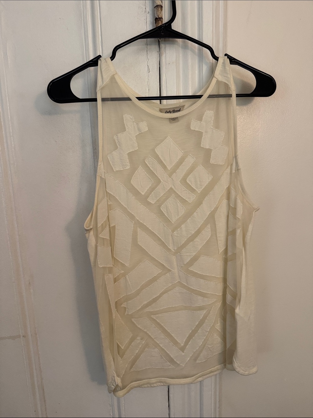 Lucky Brand Cream Sheer Geometric Embroidered Tank